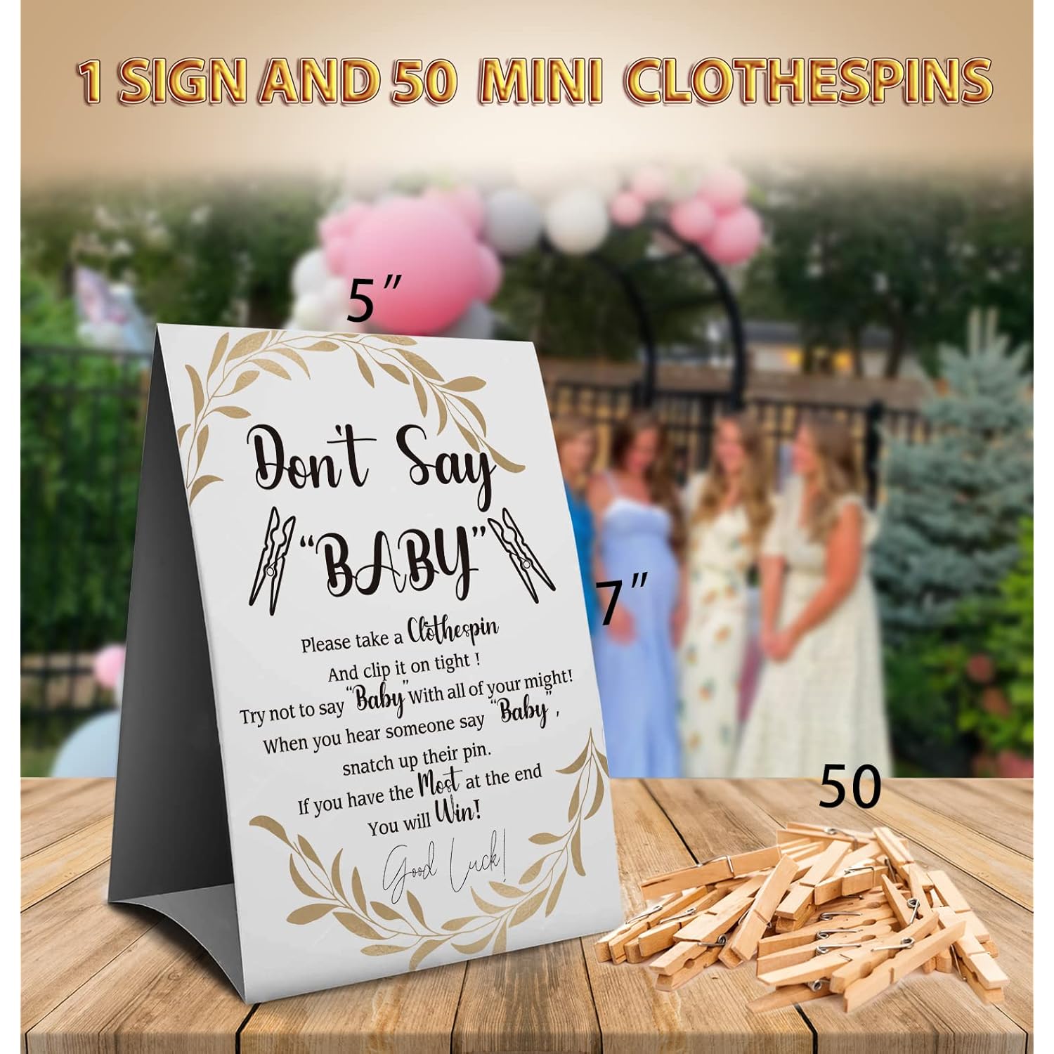 Don'T Say Baby Clothespin Games Sign(1 Sign + 50 Mini Clothespins), Baby Shower Games, Golden Leaf,Gender Neutral Baby Shower (1D)