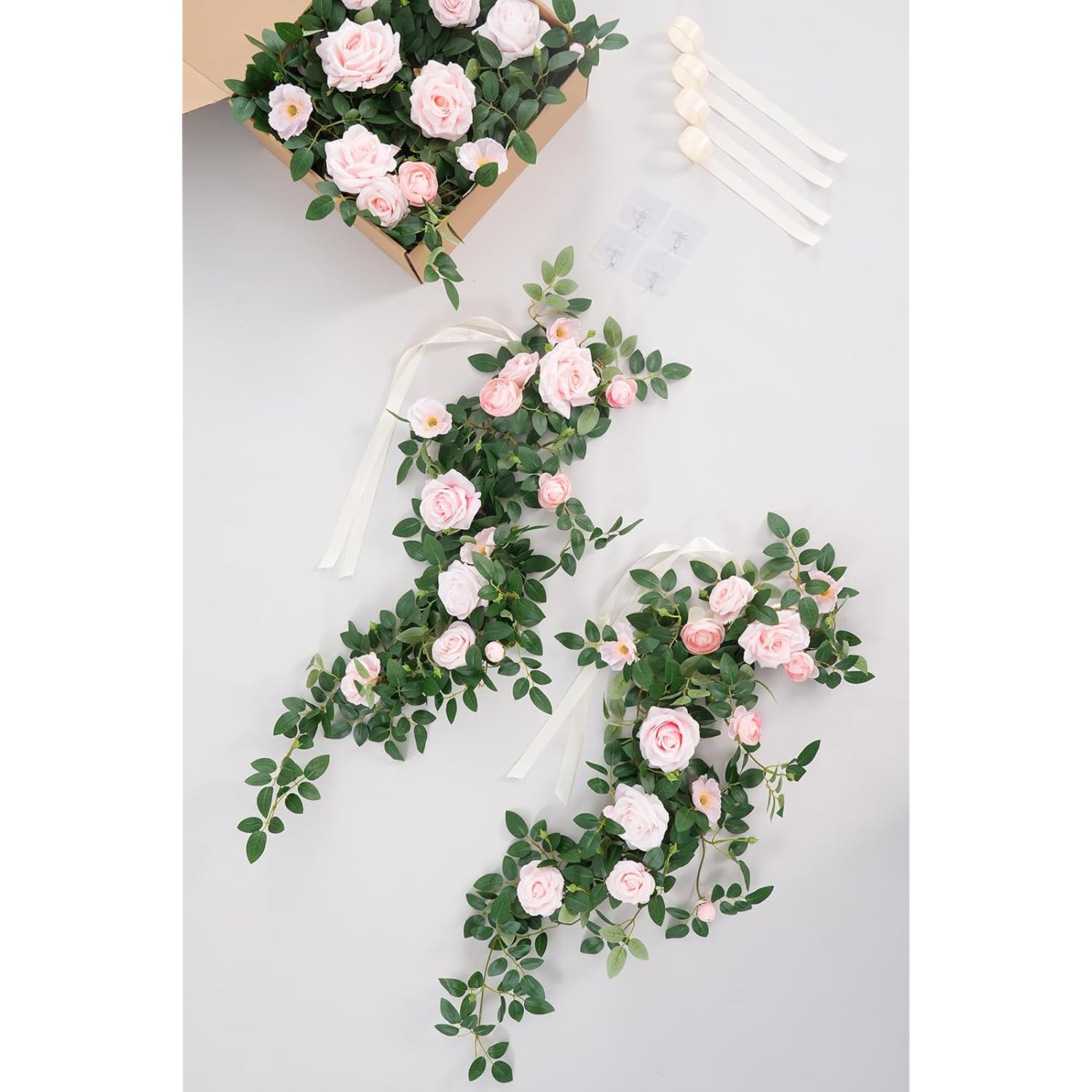 4Pcs Pink & Sage Green Hanging Flowers Garland Wedding Chair Decorations Aisle Pew Floral Swag Artificial Flowers For Ceremony Chair Back Floral Decor Reception Church Party