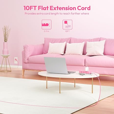 Pink Power Strip 9 Outlets 3 USB Ports 10FT Flat Extension Cord Wall Mount
