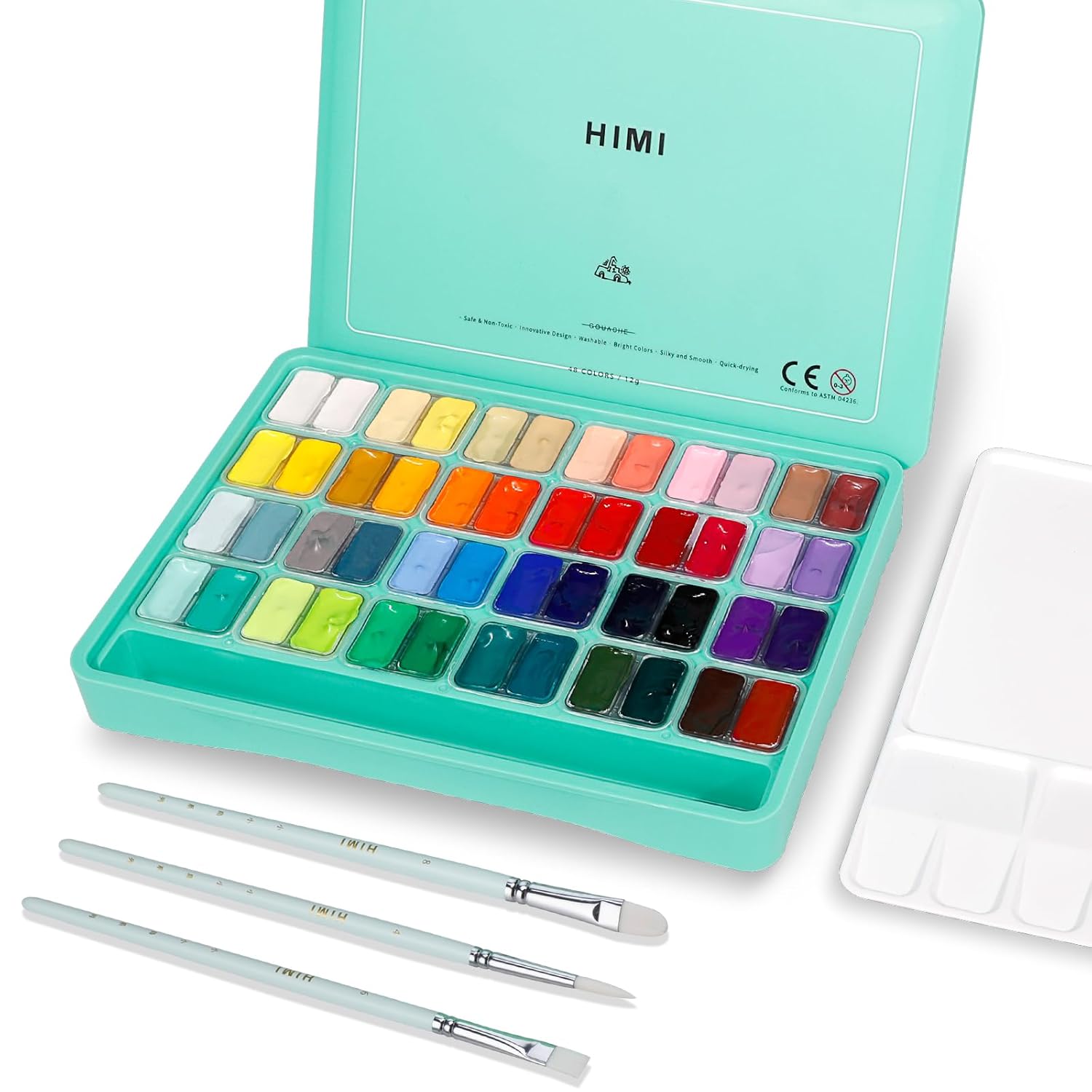 Himi Gouache Paint Set, 48 Colors X 0.4Oz, Twin Cup Jelly Design, Bouns 3 Brushes & A Palette, Non-Toxic, Opaque Guache Paint For Canvas And Watercolor Paper - Perfect For Beginners, Students, Artists
