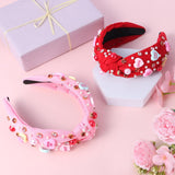 2 Pcs Valentines Day Headband For Women Love Heart Headband Pearl Rhinestone Crystal Jeweled Hairbands Fashion Ladies Hair Band Valentine’S Day Hair Accessories (Red And Pink)