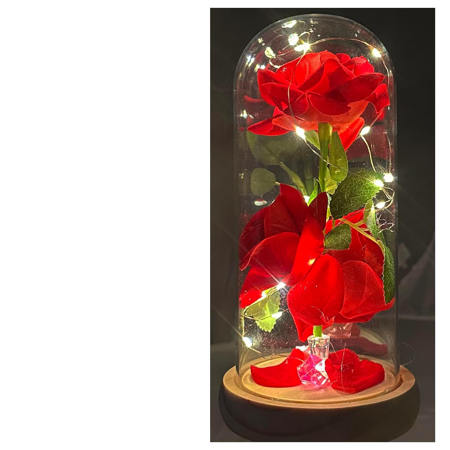 Enchanted Rose In Glass Dome With Lights, Red Silk Flower, Christmas Birthday Mother'S Day (Wood Base)