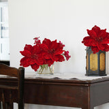 Magnolia Glitter Flowers 6Pcs Single Stem Christmas Flowers For Home Table Festivals Indoor Outdoor Decor (Red)