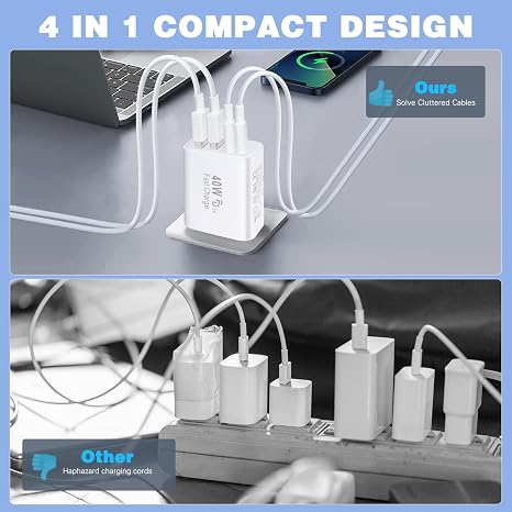 2 Pack 40W 4 Port USB C Fast Charger with 10FT USB C Cable for iPhone 17 16 15