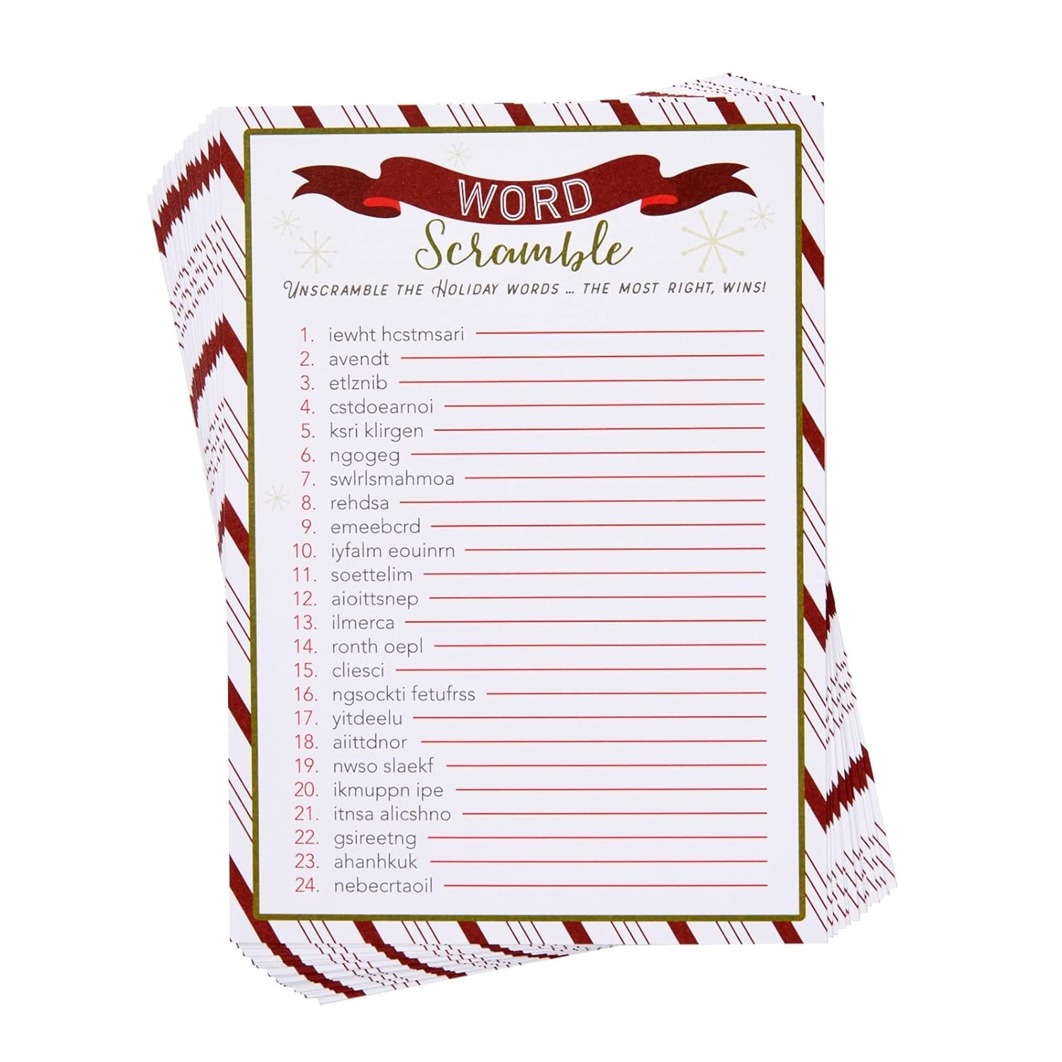 Christmas Word Scramble Game - 50 5X7 In Red, Green & White Traditional - Includes 2 Answer Keys & Adult Christmas Activity Sheets - Family Reunion Unscramble Words & Party Activity
