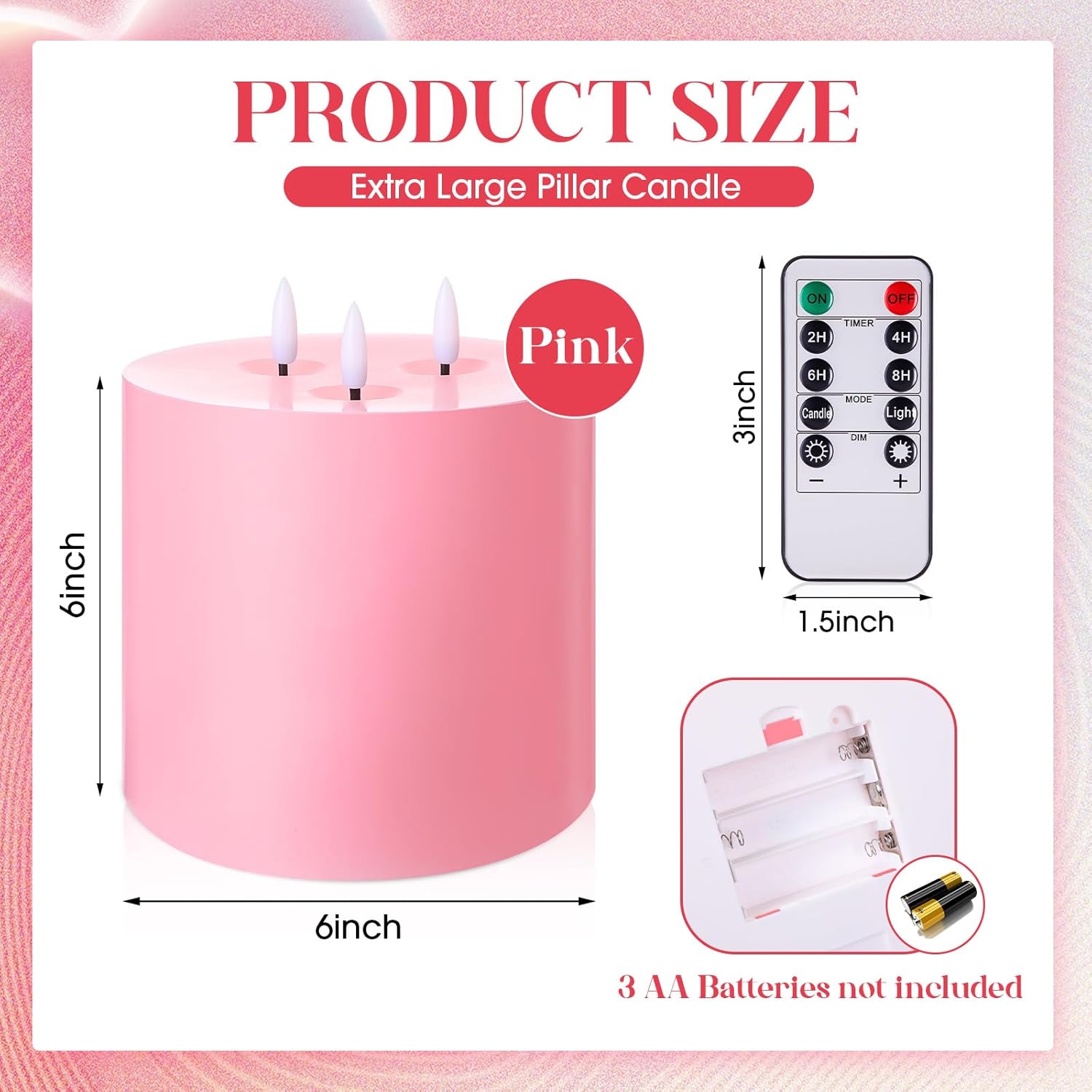 Valentine'S Day Pink Extra Large Flameless Candles 6'' X 6'' Led Battery Operated Real Wax 3 Wicks Flickering Pillar Candle With Remote Control Timer For Home Wedding Party Decoration