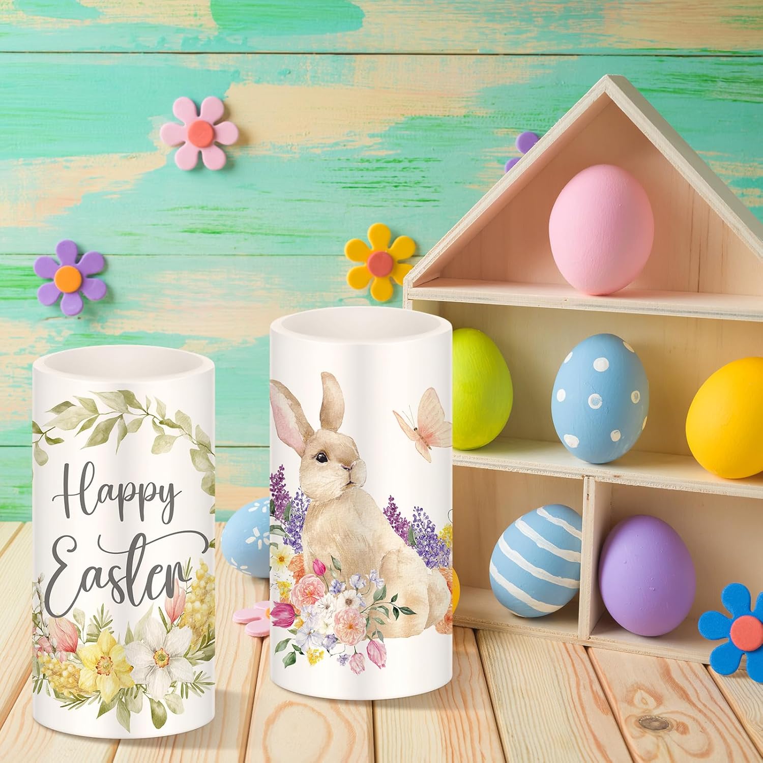 3 Pcs Easter Led Candles Battery Operated Farmhouse Easter Bunny Flower Rabbit Spring Flameless Candles With Remote For Bedroom Living Room Decorative(Flower)
