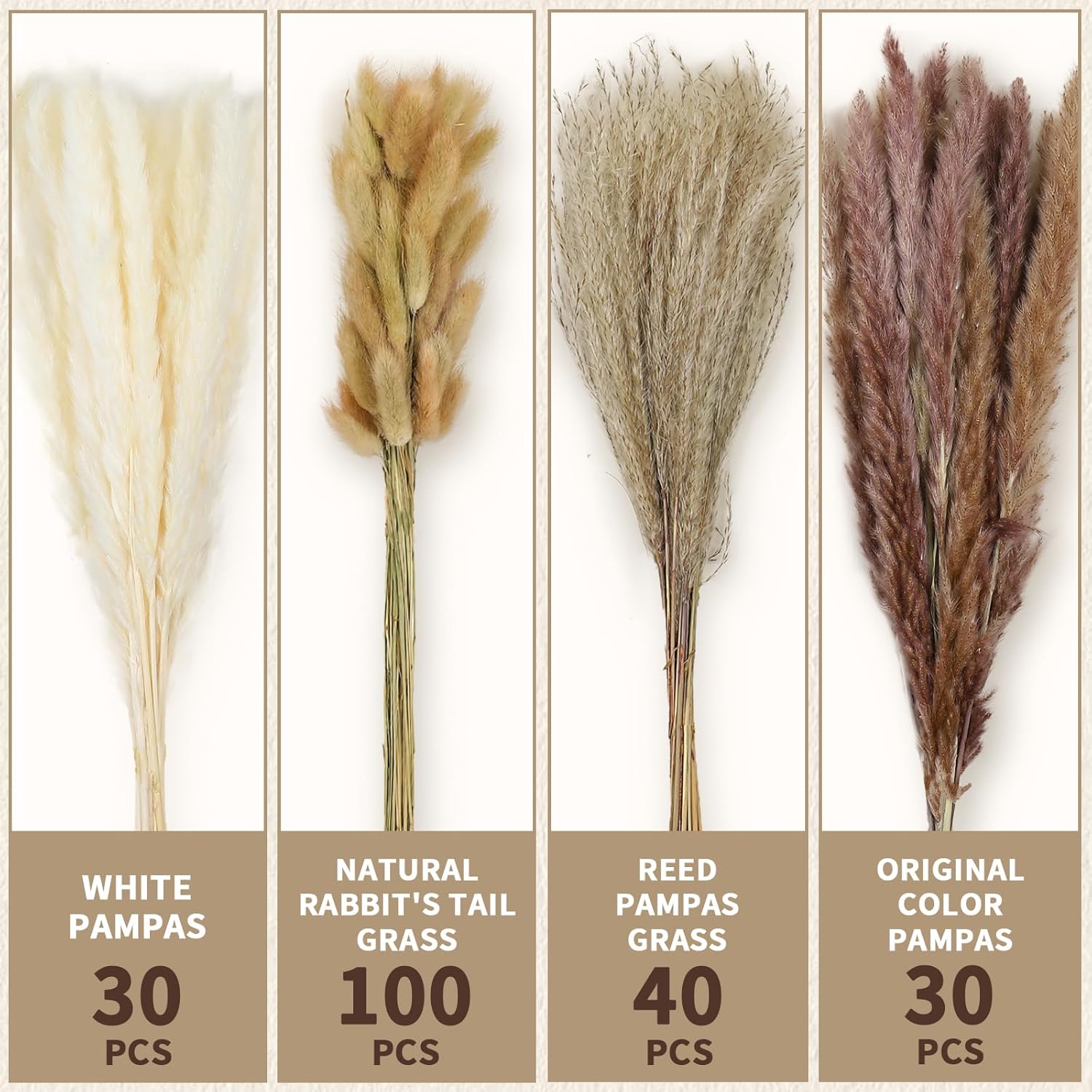 17" 200Pcs Dried Pampas Grass Decor, Naturally Small Boho Pampas Grass With Bunny Tails & Reed Grass For Home Table Decor, Wedding, Rustic Farmhouse Party Decorations, White And Brown