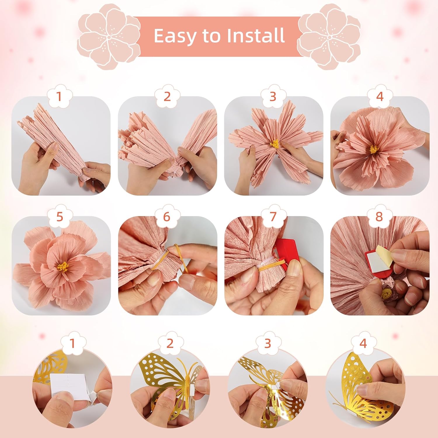 Pink Paper Flowers Artificial 3D Wall Décor Birthday Wedding Bridal Baby Shower Dark Light Pink Peach Beige White Tissue Crepe Flower Nursery Room Backdrop Centerpieces Girls Women Party Decorations