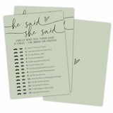 Minimalism He Said She Said Game Cards For Wedding Party, Moss Green Bridal Shower, Mr & Mrs, Newlyweds, Engagement Party Favor & Supplies(30 Pcs) -C05