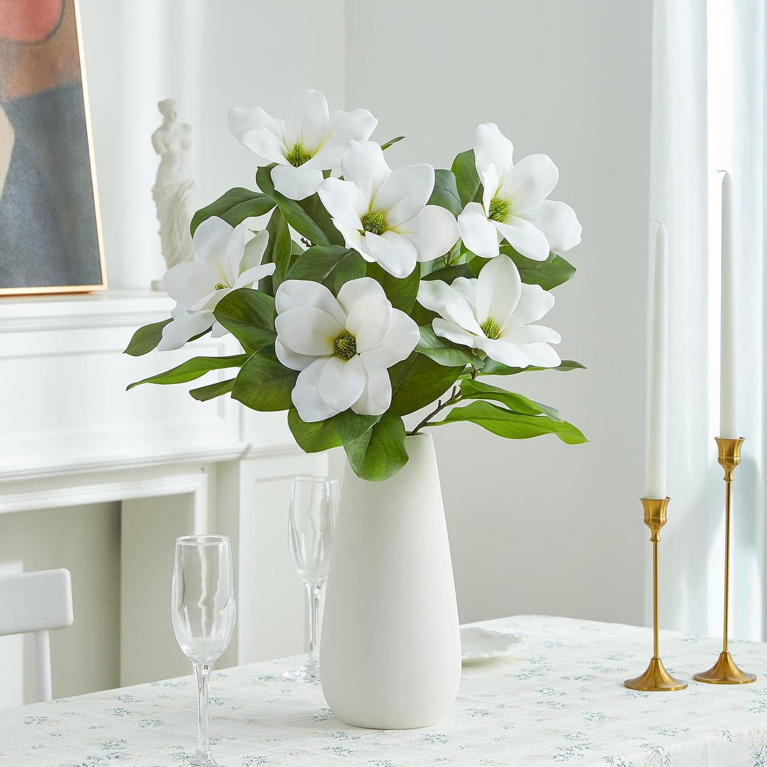Artificial Magnolia Flowers Branches 28 Inch Faux Greenery Stems With Leaves Real Touch Magnolia Home Decor 3 Pcs White