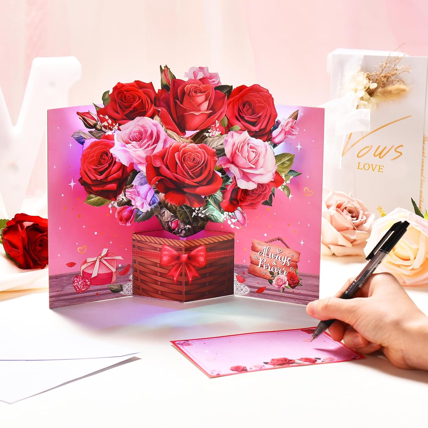 Pop Up Valentines Day Card, 3D Musical Rose Flower Anniversary Cards With Lights, Romantic Popup Love Greeting Card For Her Him Couples Wife Girlfriend Husband Boyfriend