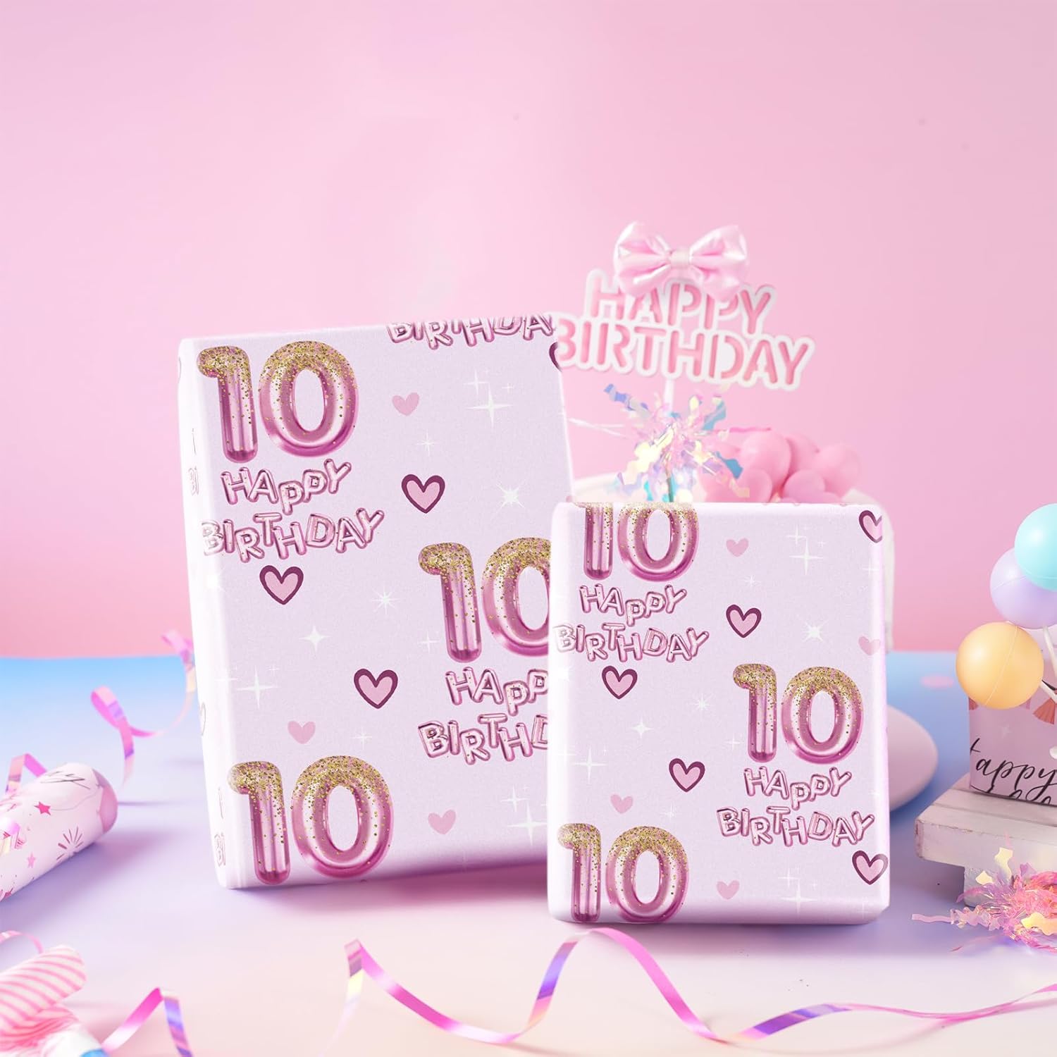 10Th Birthday Wrapping Paper Girls, Hearts And Pink Number 10 Balloons Happy Birthday Design, 10 Years Old, Mini Roll, 17 Inches X 16.4 Feet, Perfect For Girls' Birthday Party Gifts