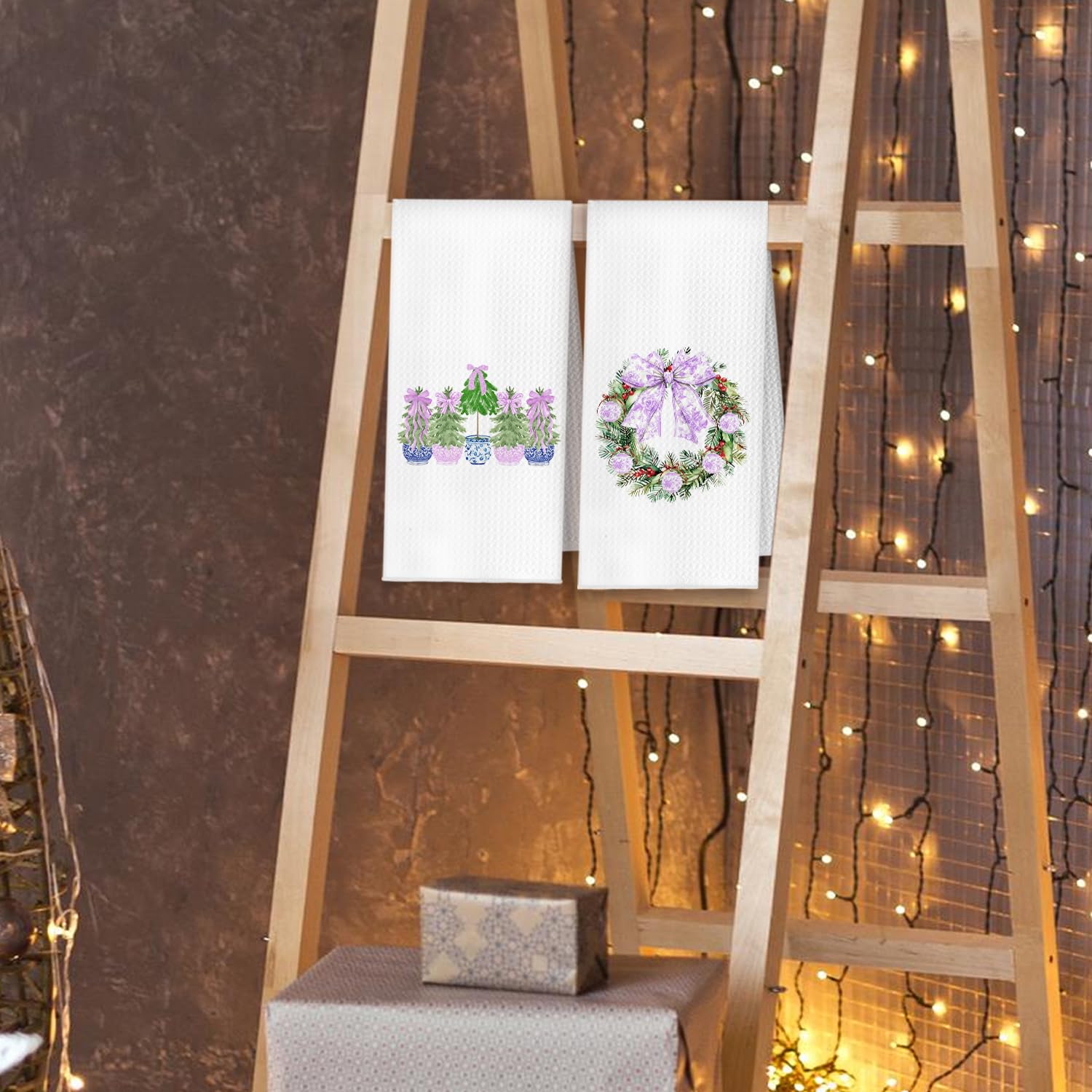 Purple Chinoiserie Christmas Kitchen Towels, Grandmillennial Christmas Dish Tea Towels, Blue White Xmas Tree Wreath Nutcracker Bell Decorative Hand Towels For Bathroom, 16X24 Inch Set Of 4