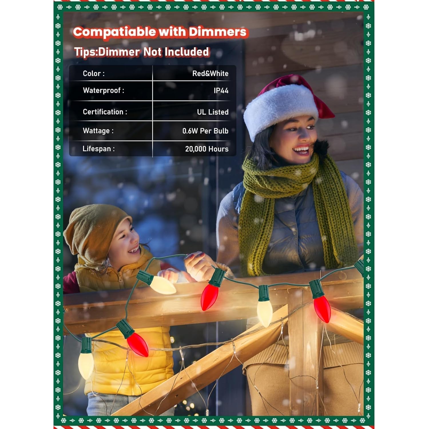 C7 26.5Ft Vintage Led Christmas Tree Lights, 0.6W Old Fashioned Christmas String Lights With 27 Red White Ceramic Bulbs(