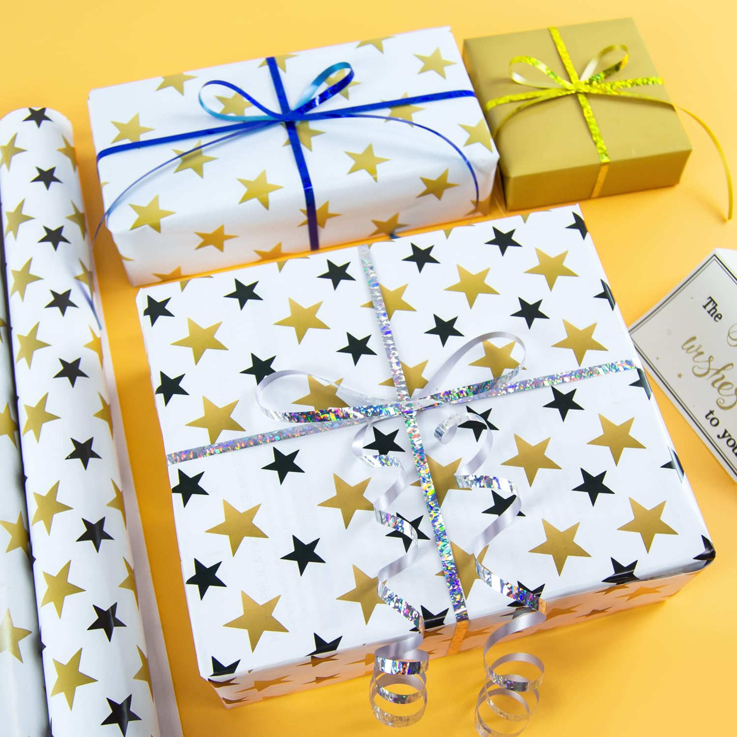 Gift Wrapping Paper 12 Sheets, Folded Flat Gift Wrap Paper For Presents, Kids, Boy And Girl, 20 X 29” Per Sheet - Gold Black Stars