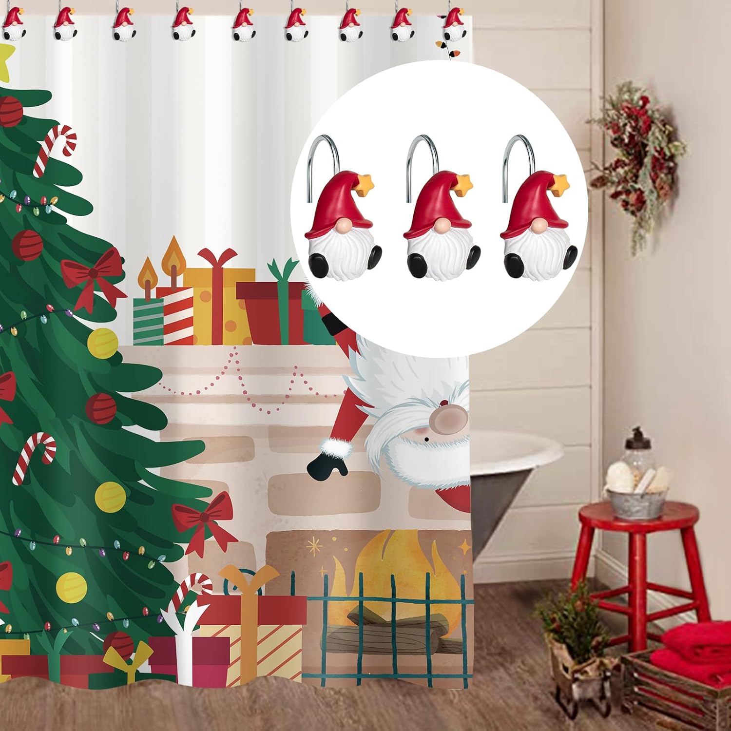 Christmas Shower Curtain Hooks, Gnome Shower Curtain Rings, Hand Painted Resin Christmas Decor, Winter Bathroom Decoration, Red Hat With Yellow Star, Set Of 12