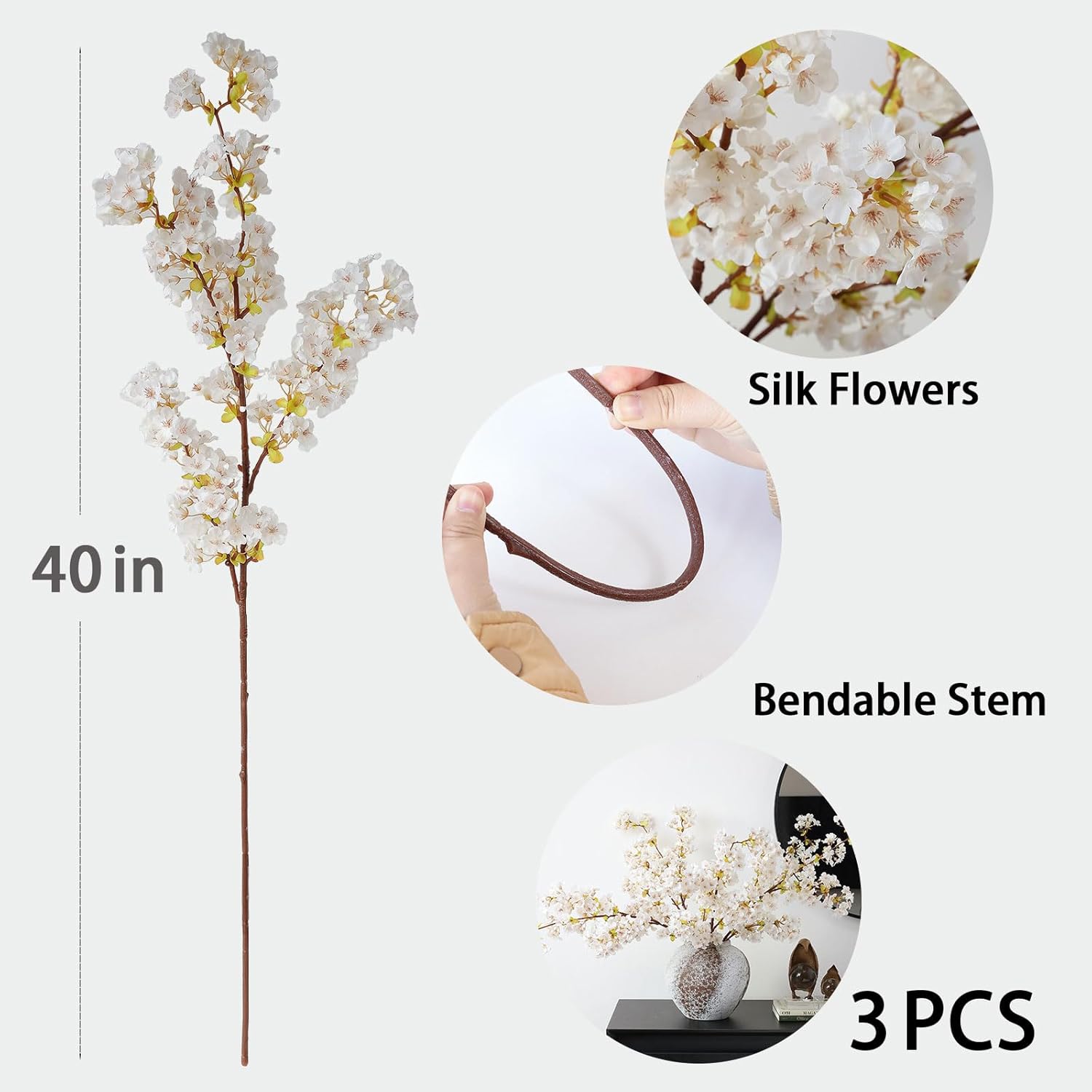 3Pcs Artificial White Cherry Blossom Branches 40" Fake Silk Cherry Blossoms Flowers With Long Stem For Wedding Decorations Table Centerpieces Vase Arrangement Home Decor (White)