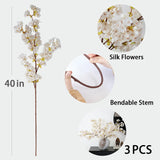 3Pcs Artificial White Cherry Blossom Branches 40" Fake Silk Cherry Blossoms Flowers With Long Stem For Wedding Decorations Table Centerpieces Vase Arrangement Home Decor (White)
