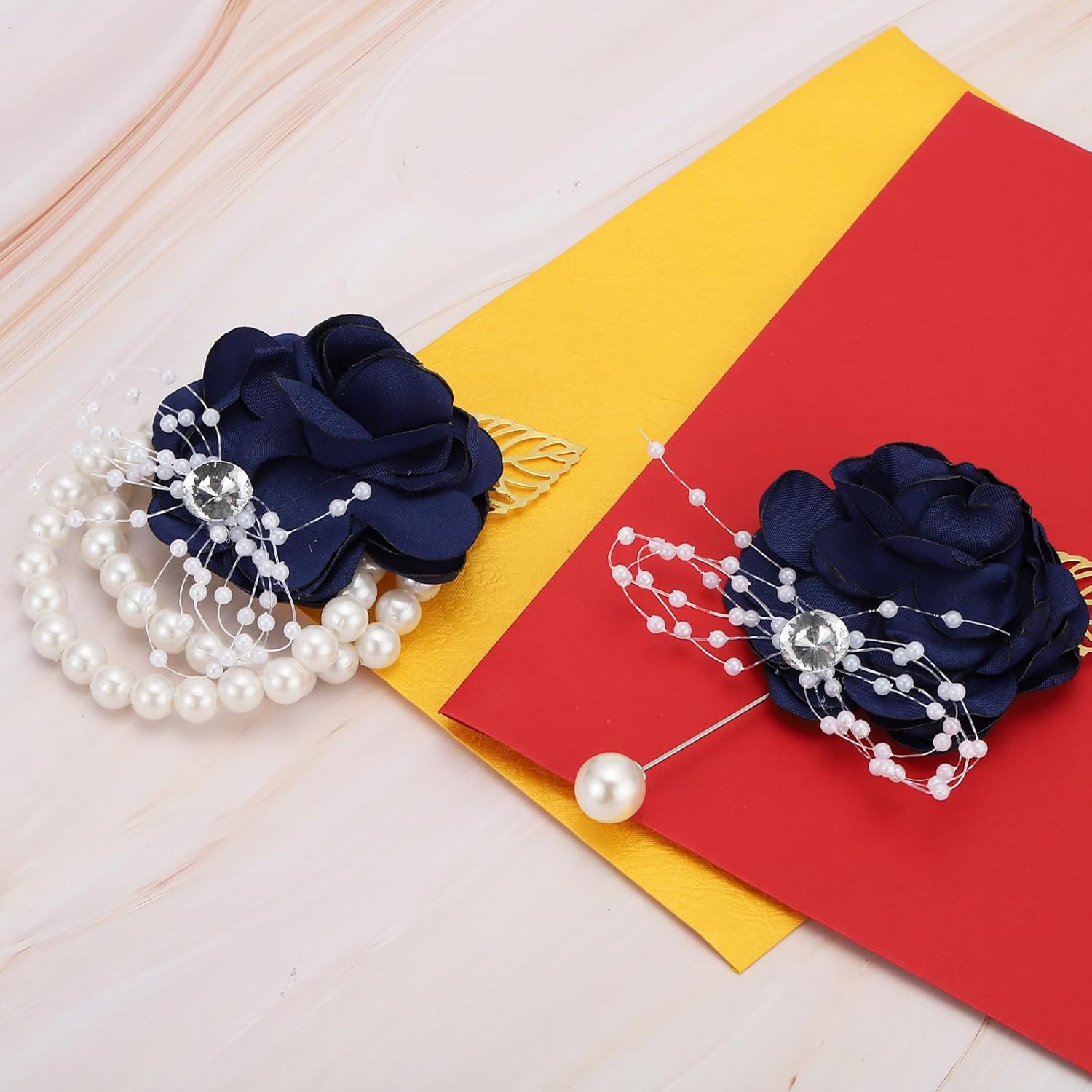 Rose Bridesmaid Wrist Flower, 2 Pack Artificial Rose Flower Wrist Corsage Bride Wrist Corsage For Wedding Party Ceremony, Navy Blue