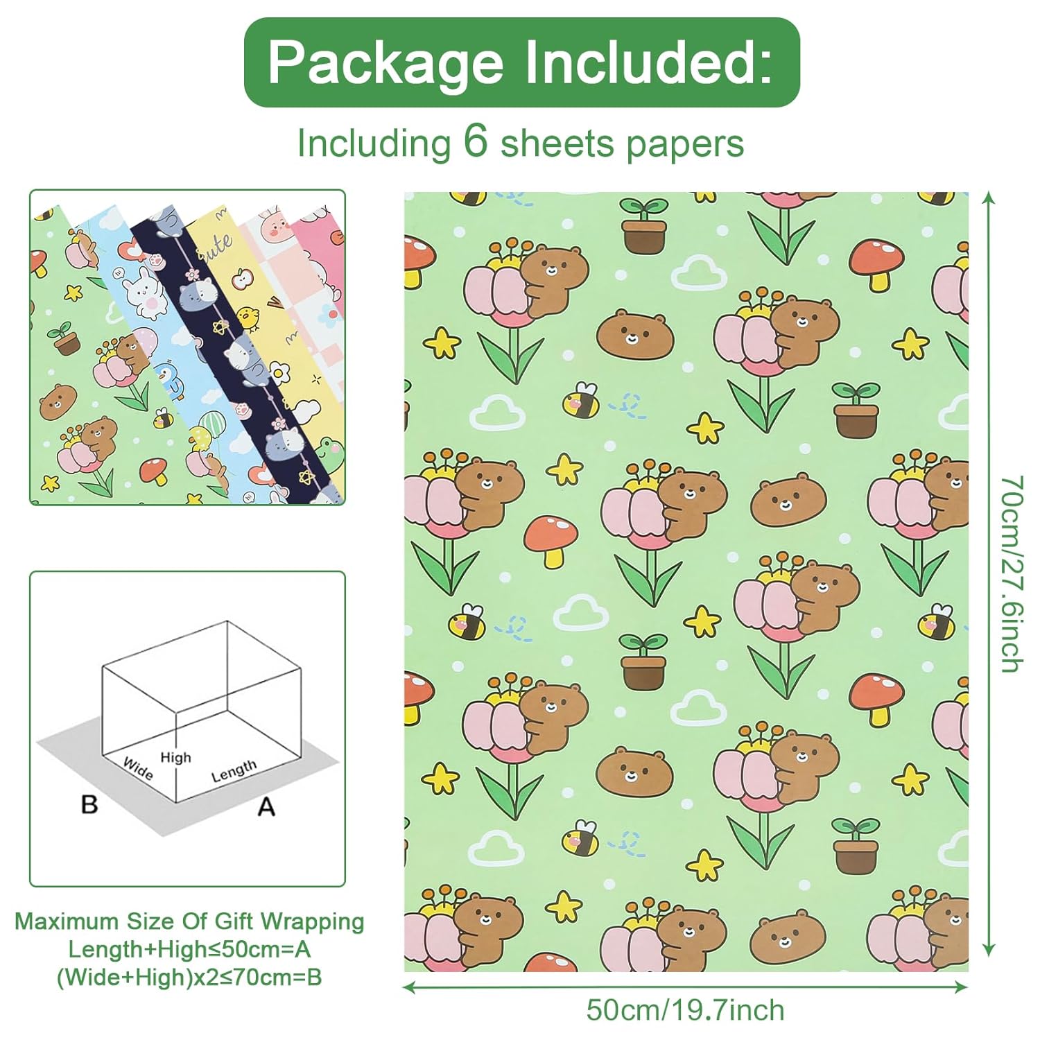 Colorful Animal Gift Wrapping Paper, 6 Folded Sheets Birthday Wrapping Paper Cute Frog Rabbit Bear Cat Gift Wrap Paper 20X28 Inch For Baby Girl Boy Kid Baby Shower Children'S Day Christmas Party