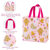 12 Pack Christmas Reusable Gift Bag With Handles - Medium Size 10.5 X 5 X 10.5 Inch - Pastel Pink Purple Gingerbread House And Santa Design, Perfect For Christmas, Party Favor, Shopping