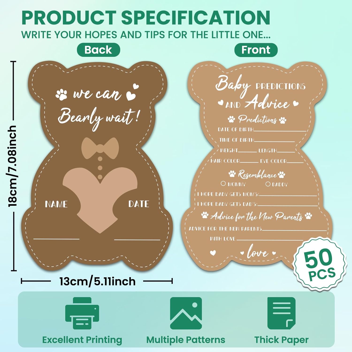 Brown Bear Shape 50 Pcs Baby Prediction, Advice & Wishes Cards For The Parent-To-Be, Baby Shower Games - 5X7In Baby Prediction For Fun Gender Reveal Party, Guess The Due Date
