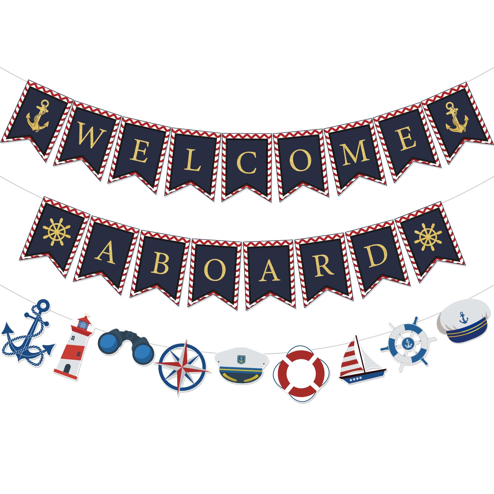 Welcome Aboard Decorations Blue Gold Welcome Aboard Banner Nautical Sailboat Lighthouse Hanging Bunting for Kids Adults Baby Shower Ocean Cruise Ship Birthday Adventure Party Supplies