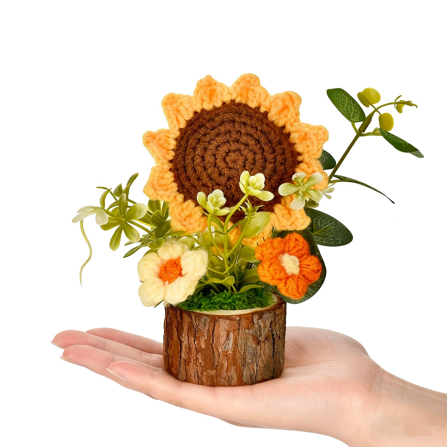 Cute Crochet Flowers Bouquet, Handmade Knitted Sunflowers With Wooden Pot, Crocheted Flower Plants Gifts For Women Office Desk Decor, Valentine'S Day Christmas Birthday Mother’S Day