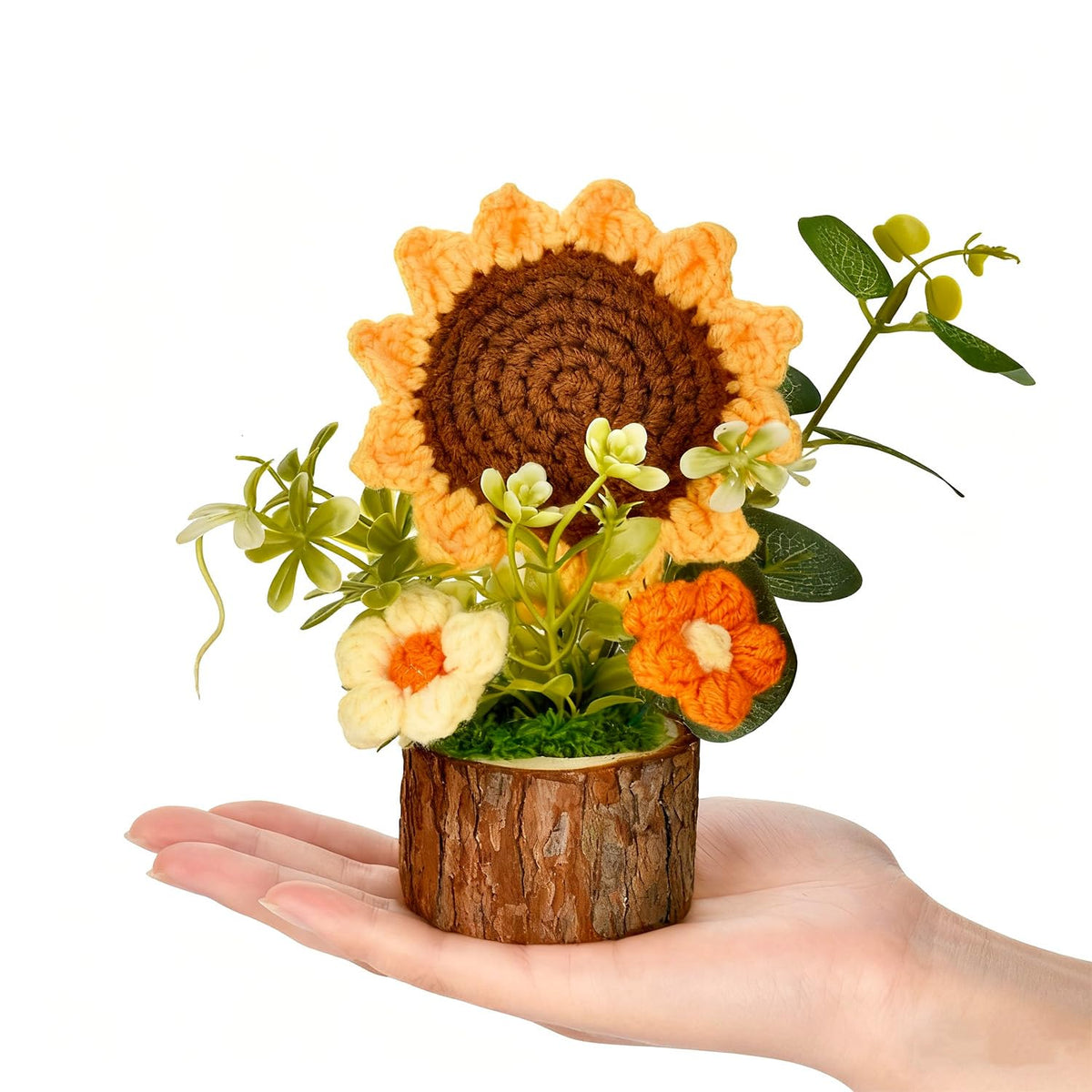 Cute Crochet Flowers Bouquet, Handmade Knitted Sunflowers With Wooden Pot, Crocheted Flower Plants Gifts For Women Office Desk Decor, Valentine'S Day Christmas Birthday Mother’S Day