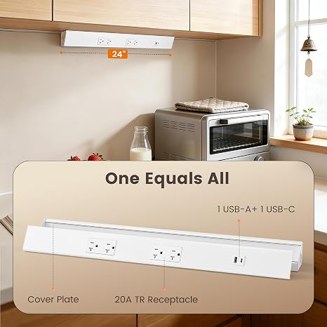 24 in Hardwired Under Cabinet Power Strip with 20A TR Outlets and USB A and C