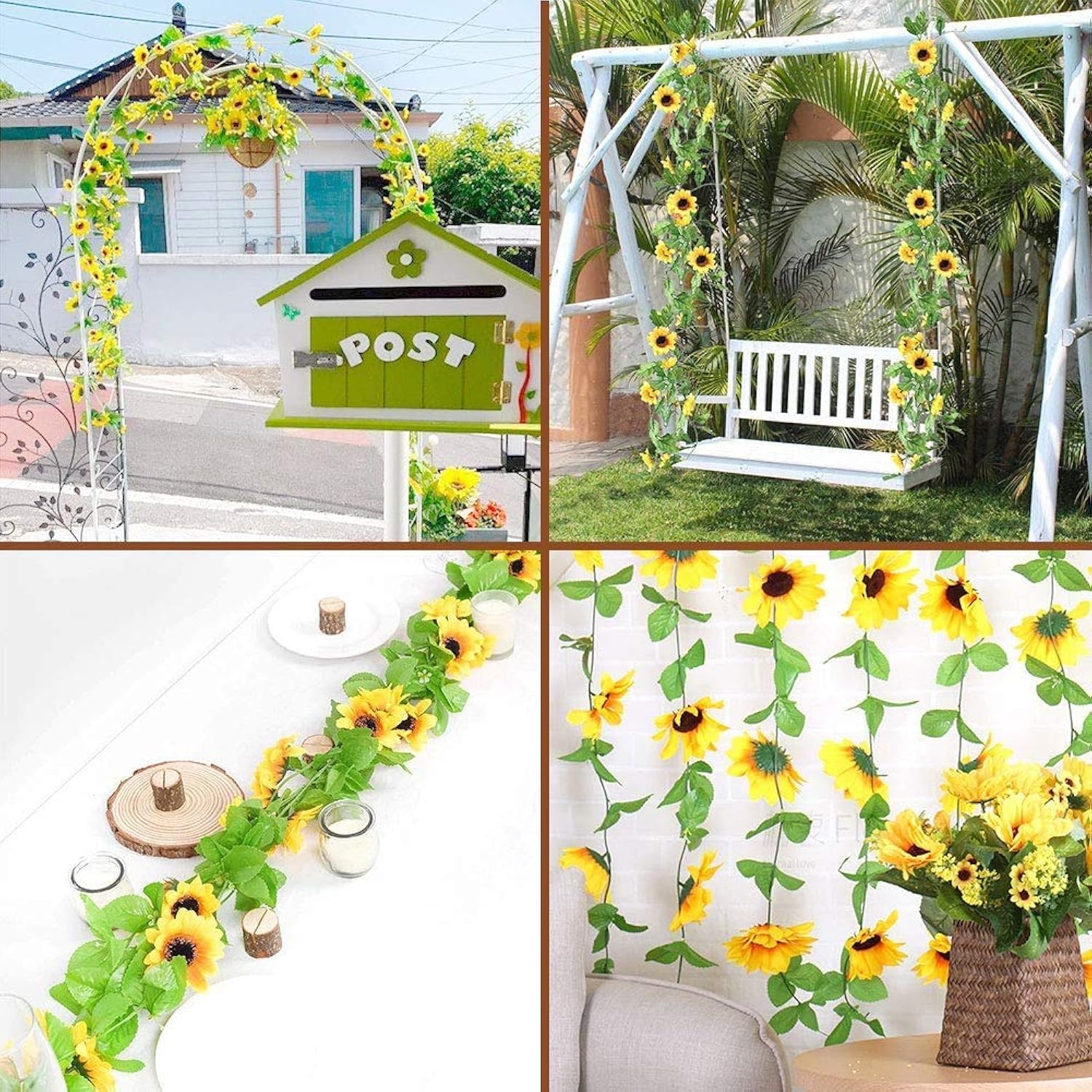 4 Packs 8.5Ft/Pcs Artificial Sunflower Garland Silk Sunflower Vine Yellow Flower Green Leaves Outdoor Fake Hanging Plants Hang Garland Porch Patio Home Garden Christmas Party Wedding Decor