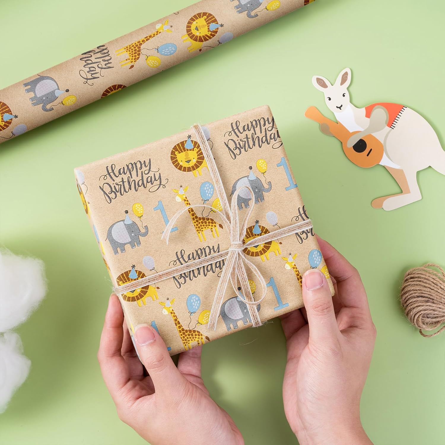 1St Birthday Wrapping Paper Roll, Jumbo Roll, Jungle Animal Gift Wrap Paper, Cute Lion, Elephants, Giraffe Kraft Paper For Age 1 Kids, Baby Shower, Birthday And More, 30 Inches X 32.8 Feet