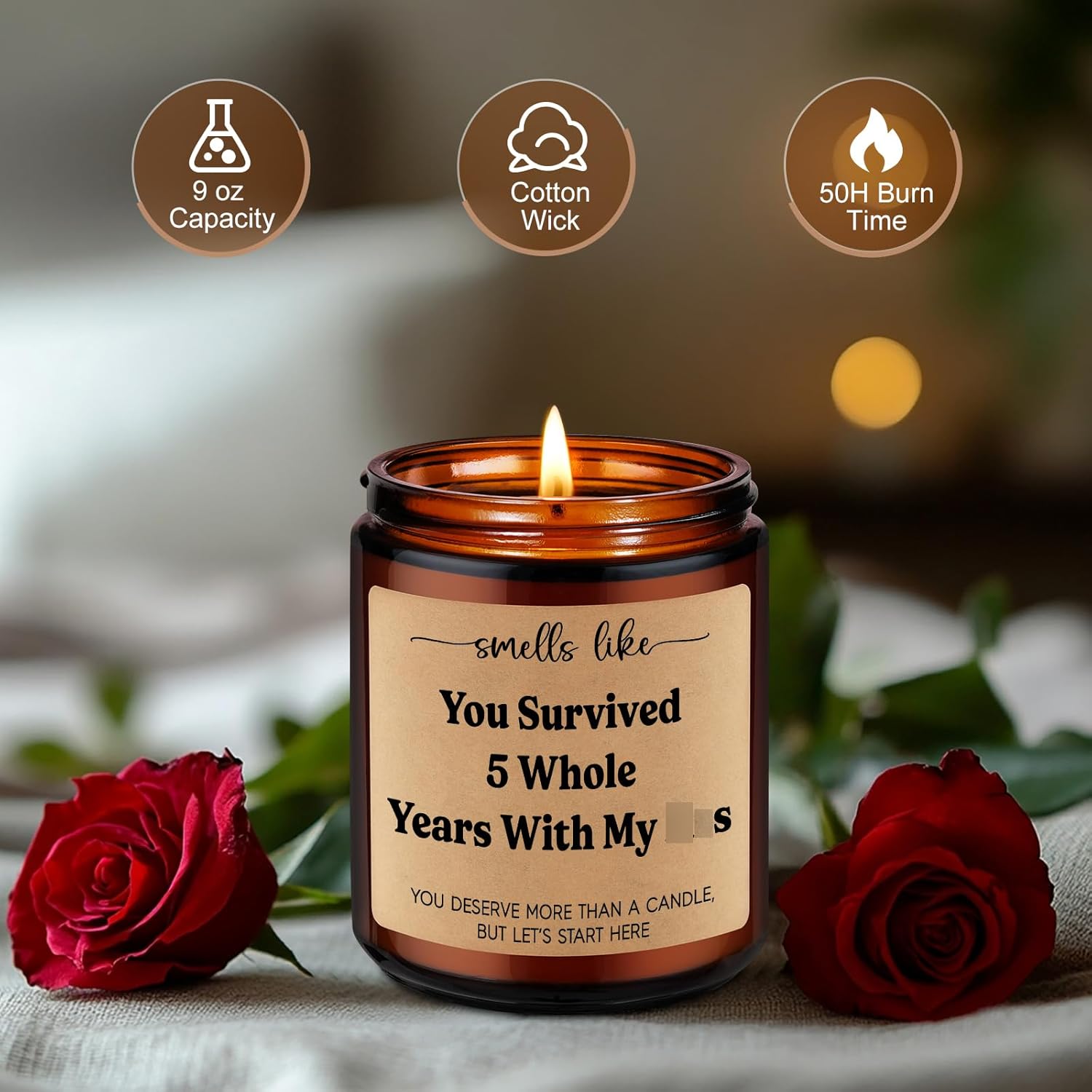 5Th Wedding Anniversary Candle - 5 Year Marriage Wood Themed Gifts For Husband Wife, 5 Year Anniversary Candle Gifts For Him Her - 5Th Anniv. Funny Present For Couple, Women, Men, Bf, Gf