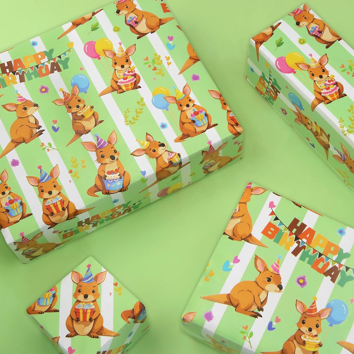 Cartoon Australian Kangaroo With Happy Birthday Cake And Balloon Gift Animal Wrapping Paper Set Of 6 Folded Flat 6 Sheets In 1 Design: 23 Sq. Ft. Ttl, Birthday Gift Wrap For Paties Newborn Boy Baby Shower Christening Baptism