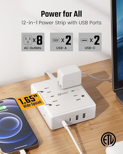 10FT Surge Protector Power Strip with 8 Outlets 4 USB Ports 2 USB C Flat Plug Extension Cord