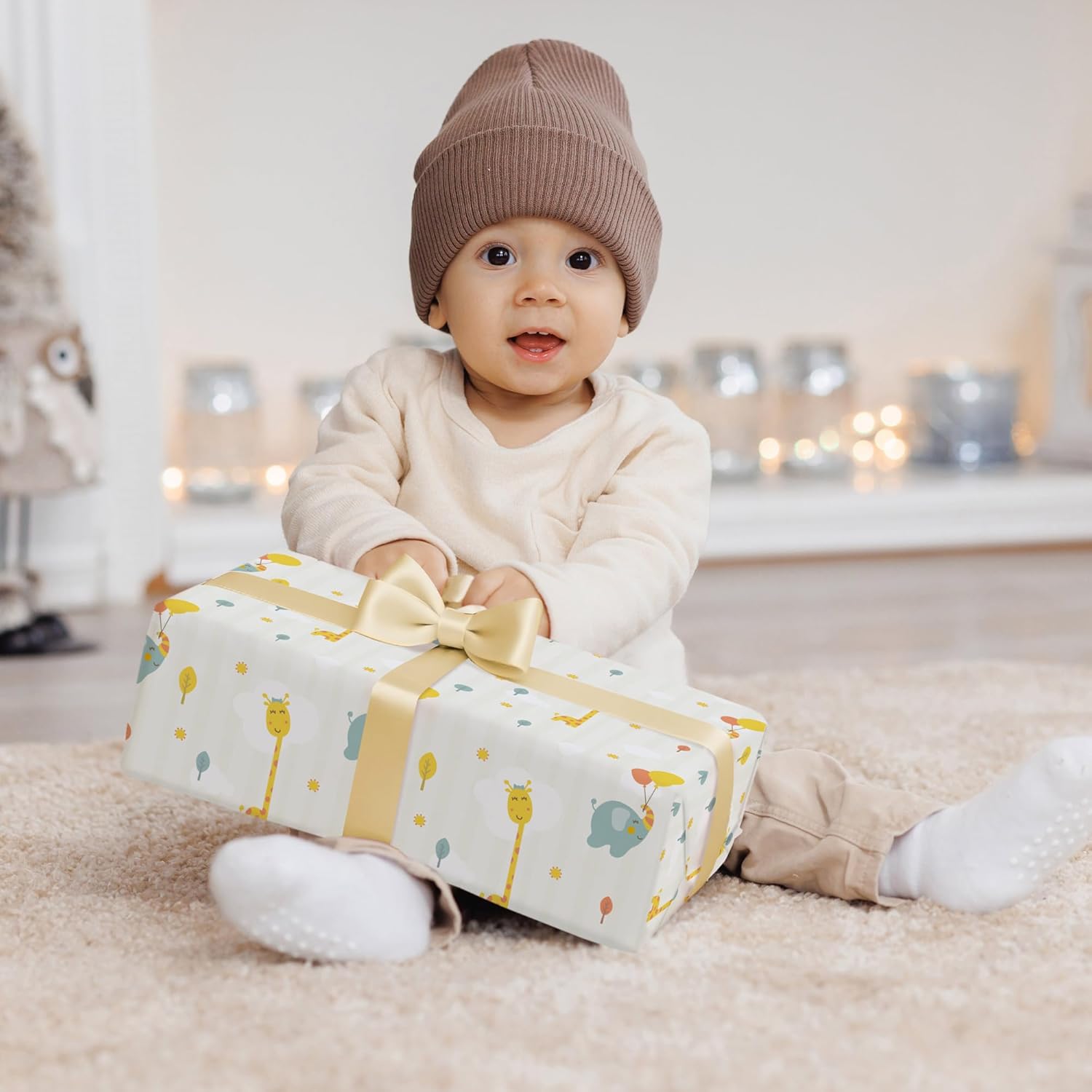 Baby Shower Wrapping Paper - 4 Jumbo Sheets, 28 * 40 Inches - Giraffe & Elephant Gift Wrap, Perfect For Boys Girls, Baby'S Birthday, Newborn
