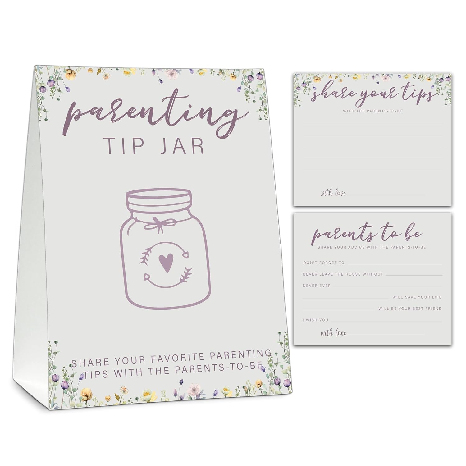 Parenting Tip Jar Baby Shower Game Cards, 1 Standing Sign (5" X 7") And 25 Baby Shower Advice Cards (3.5" X 4") For New Parents - A03