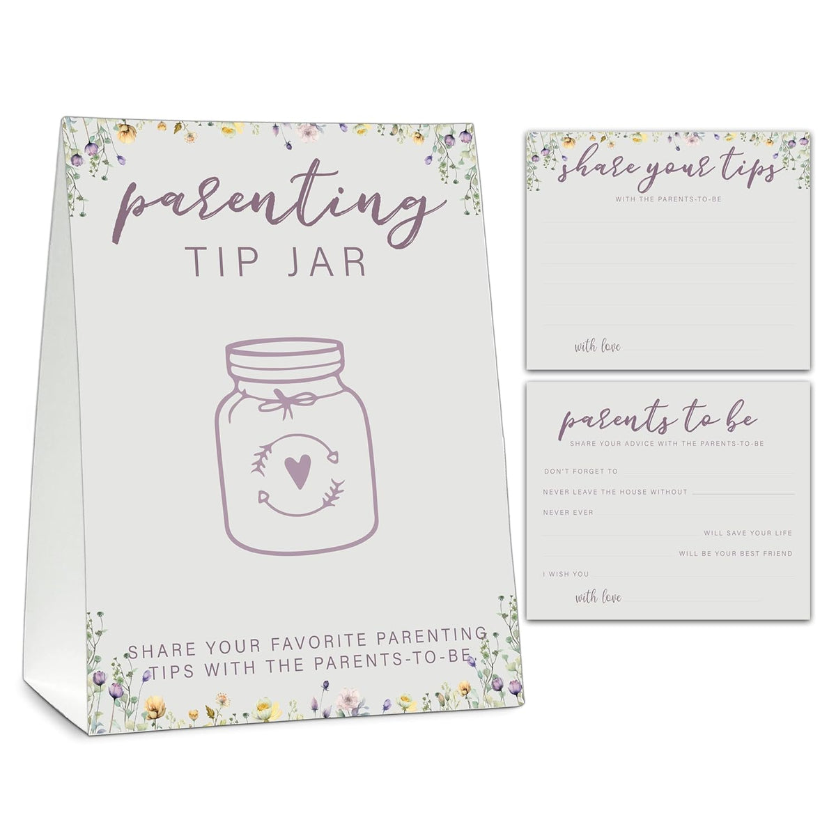Parenting Tip Jar Baby Shower Game Cards, 1 Standing Sign (5" X 7") And 25 Baby Shower Advice Cards (3.5" X 4") For New Parents - A03