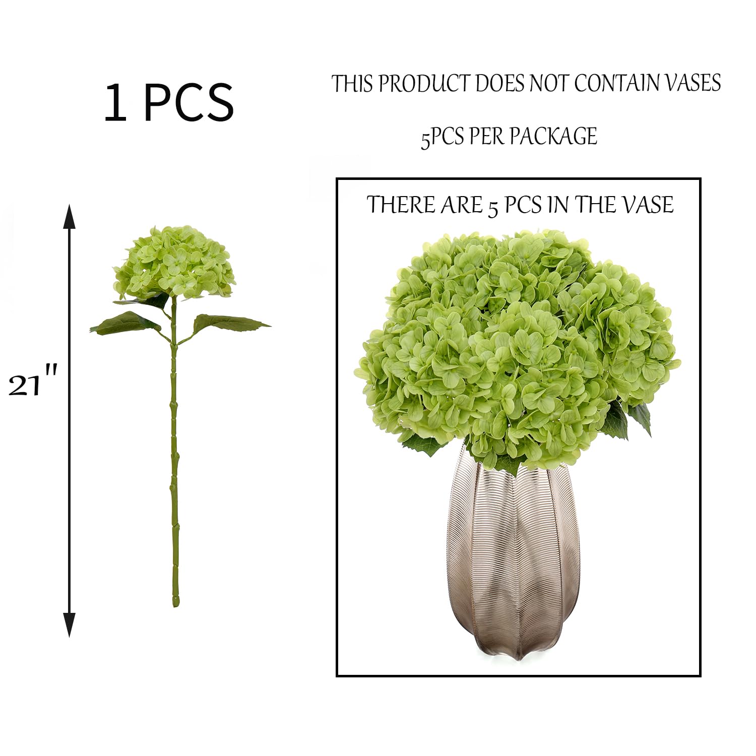 5Pcs Green Hydrangeas Artificial Flowers-21? Real Touch Faux Hydrangeas Flower Lifelike Fake Plants Bouquet For Spring Outdoor Wedding Home Decor, Coffee Table Centerpieces