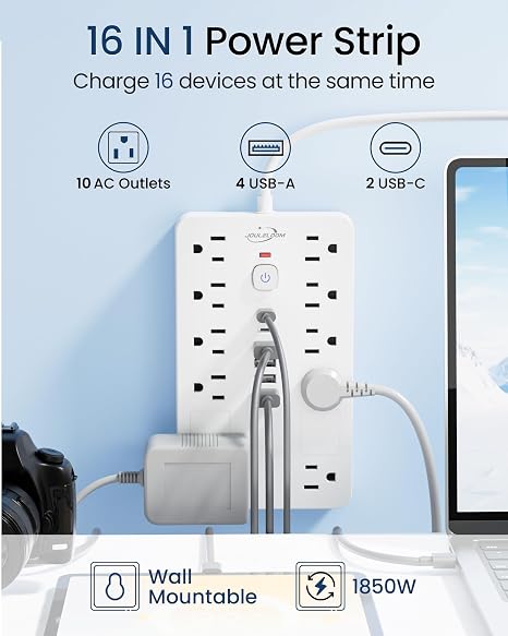 Surge Protector Power Strip 10 Outlets 6 USB Ports 2 USB C 6FT Extension Cord Black