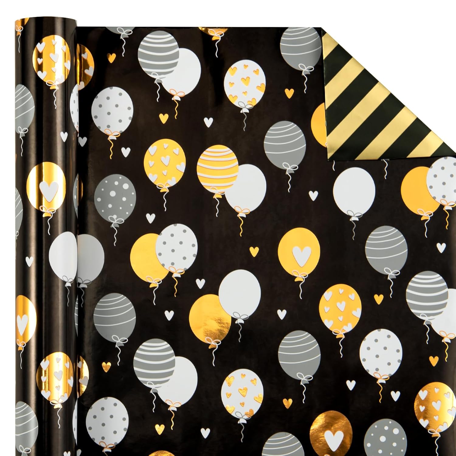 Reversible Birthday Wrapping Paper Roll - Mini Roll - 17 Inch X 10 Feet - Black Gold Balloon Happy Birthday Wrapping Paper Perfect For Adults, Kids, Girls, Boys, Baby Shower