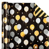 Reversible Birthday Wrapping Paper Roll - Mini Roll - 17 Inch X 10 Feet - Black Gold Balloon Happy Birthday Wrapping Paper Perfect For Adults, Kids, Girls, Boys, Baby Shower
