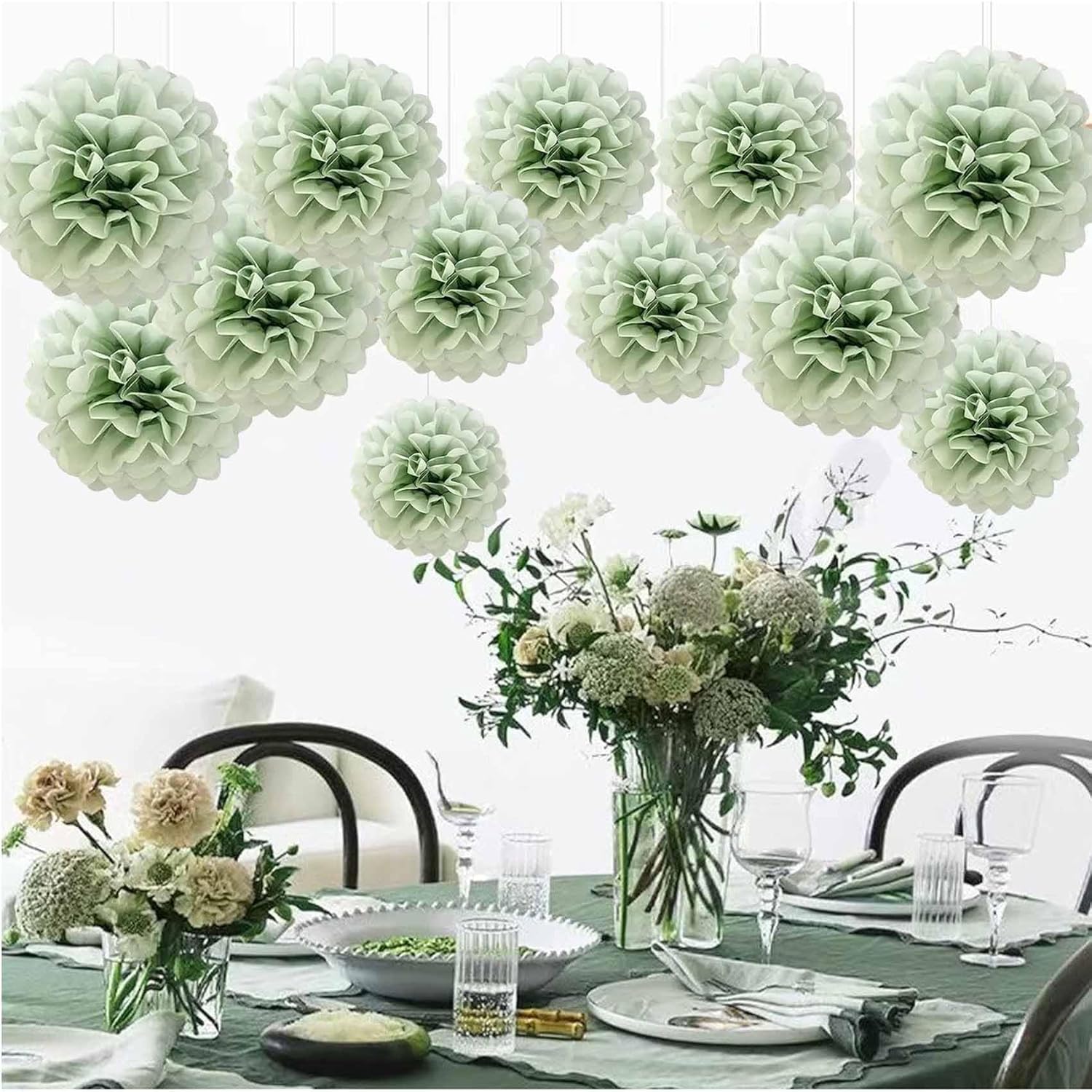 Dusty Sage Green Tissue Paper Pom Poms 12Pcs- Hanging Paper Flowers For Botanical Neutral Bridal Shower Wedding Birthday Graduations Christmas And Special Occasions(10 & 12 Inch)
