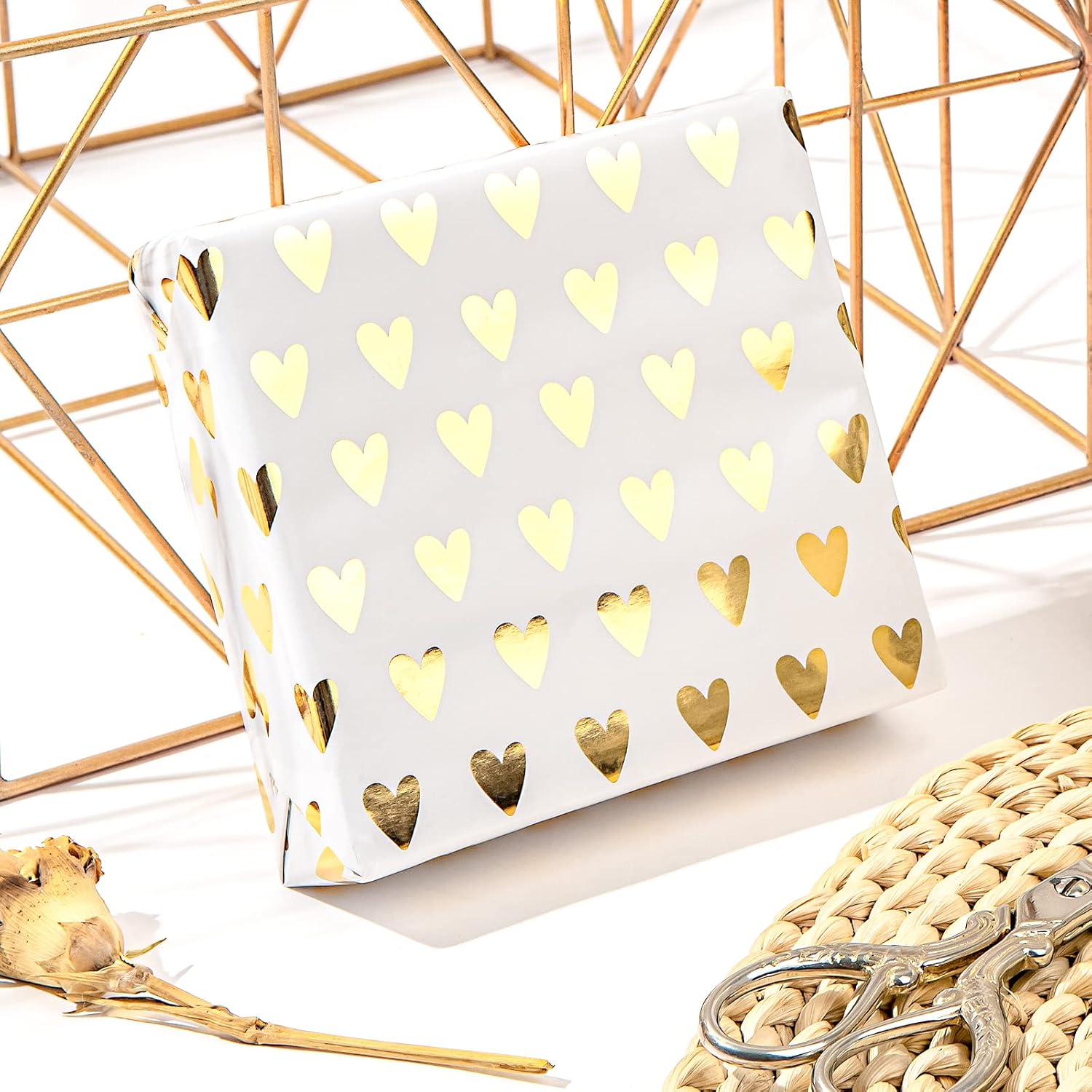 Gold Wrapping Paper Roll, Luxury Metallic Gift Wrap With Heart, Geometric & Floral Pattern For Wedding, Birthday, Anniversary, Bridal Shower, Christmas, Valentines, 17 X 120 Inches, 3Rolls