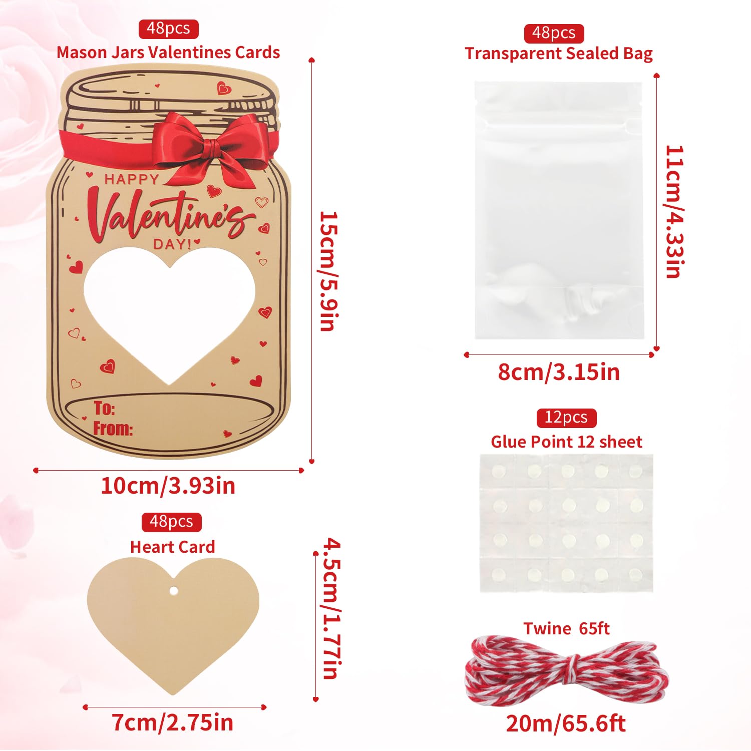 48 Pack Mason Jar Valentines Day Greeting Cards Valentine Exchange Gift Cards Bulk For Kid Boys Girls Toddler School Class Classroom Party Favors