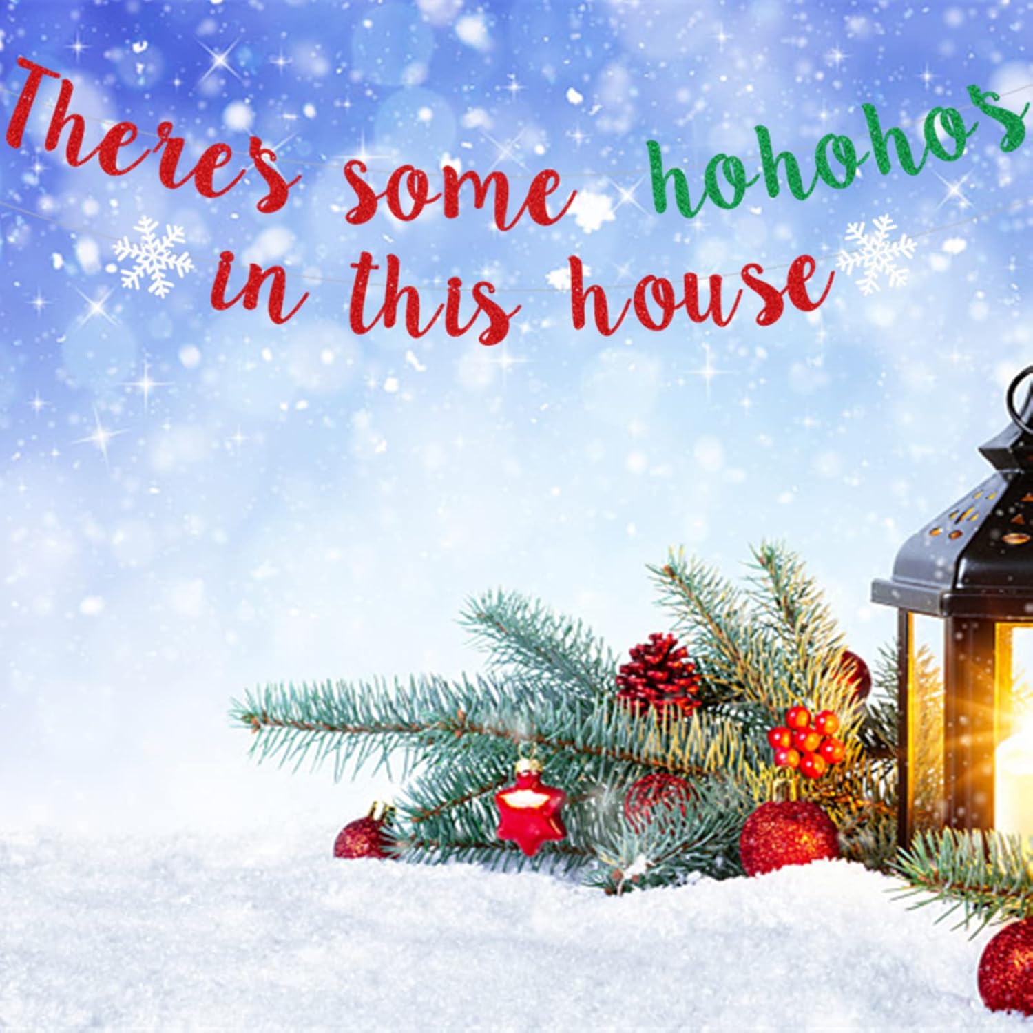 There'S Some Ho Ho Hos In This House Banner, Glittery Red Green Christmas Party Decorations Banners Winter Holiday Garland Photo Props Banner For Party Home Office Decorations