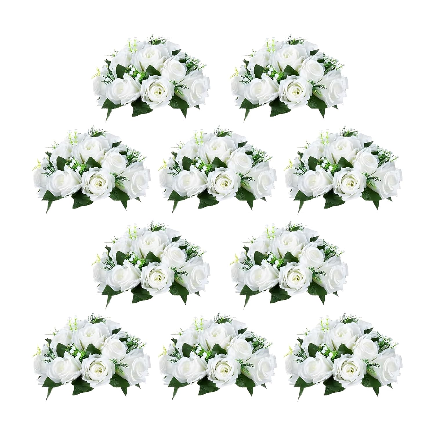 Artificial Flowers Ball Wedding Centerpieces, 10" Large Pure White Flower Garland Center Piece, 10 Pcs Fake Flowers, 15 Heads Plastic Roses With Base, Silk Flowers For Party, Home Décor