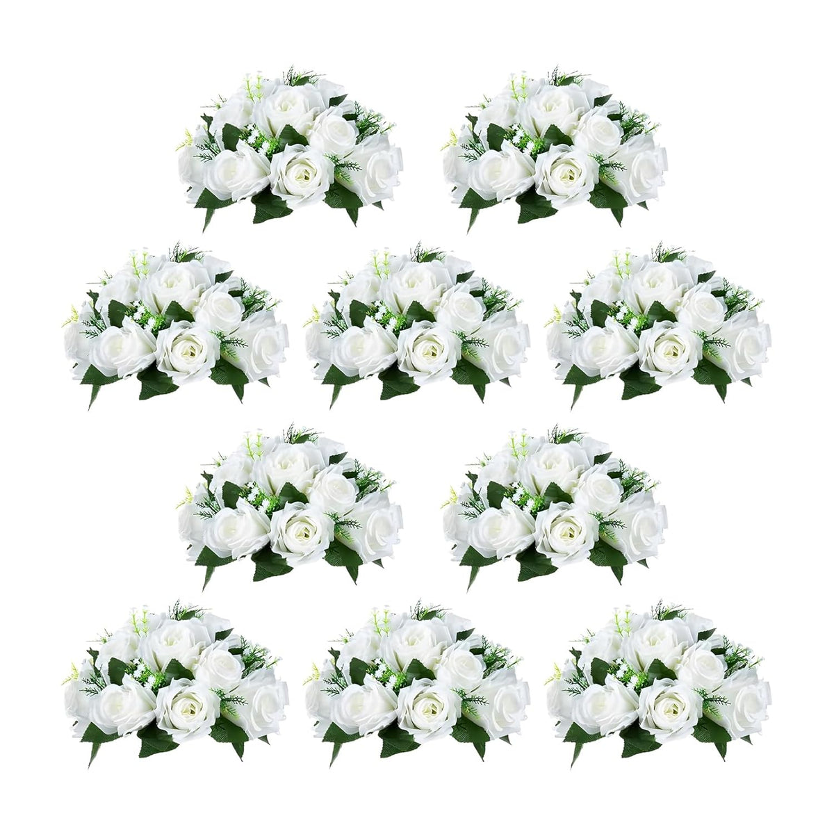Artificial Flowers Ball Wedding Centerpieces, 10" Large Pure White Flower Garland Center Piece, 10 Pcs Fake Flowers, 15 Heads Plastic Roses With Base, Silk Flowers For Party, Home Décor