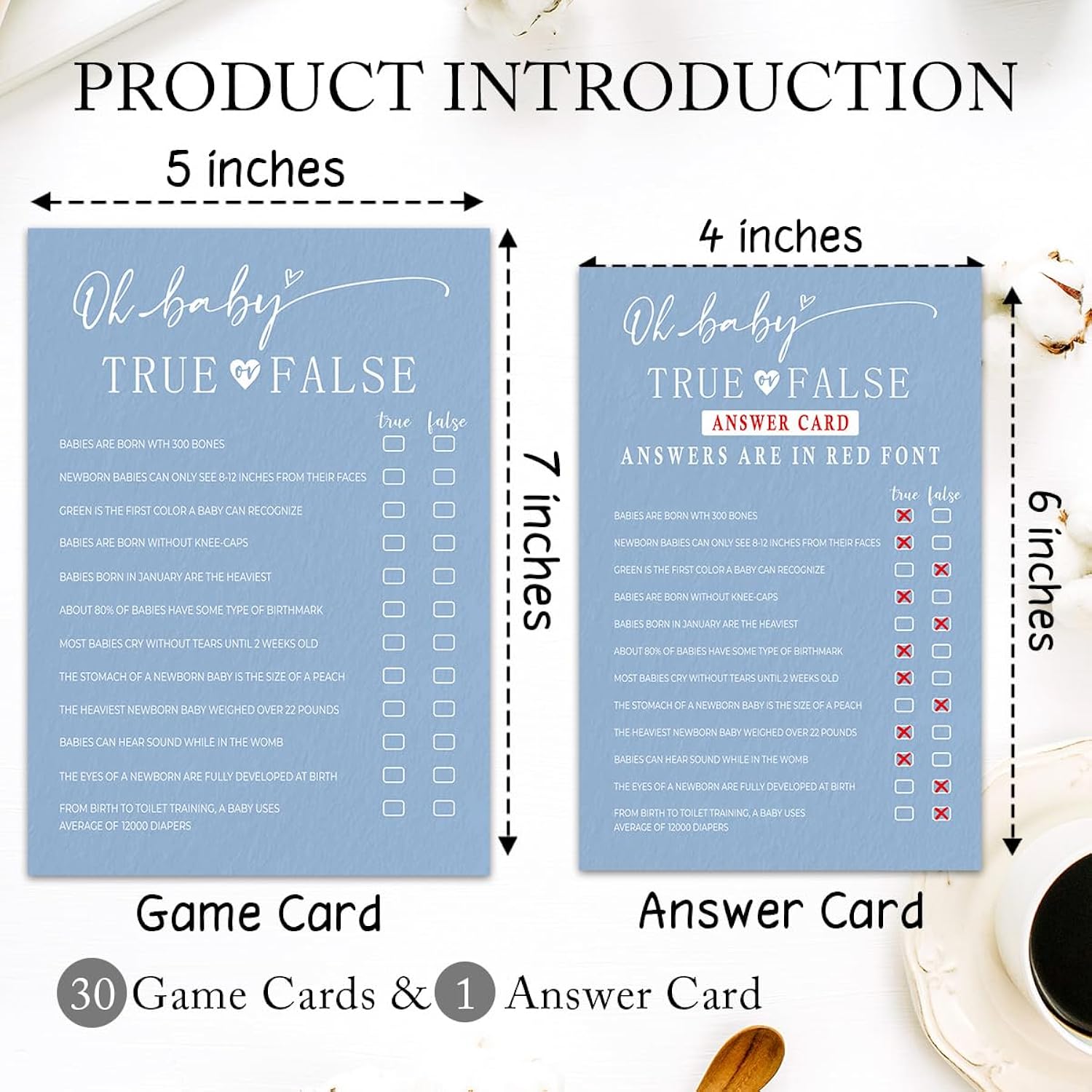 30 Pcs Baby Shower Game Cards & 1 Pcs Answer Card - True Or False & Baby Trivia - Minimalism Blue Double-Sided Game Gender Reveal,Announcement Party Supplies - B04